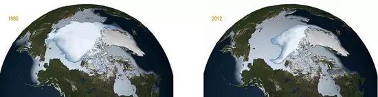 图12  1980和2012年北极海冰夏季最小面积对比（来源：美国太空总署）