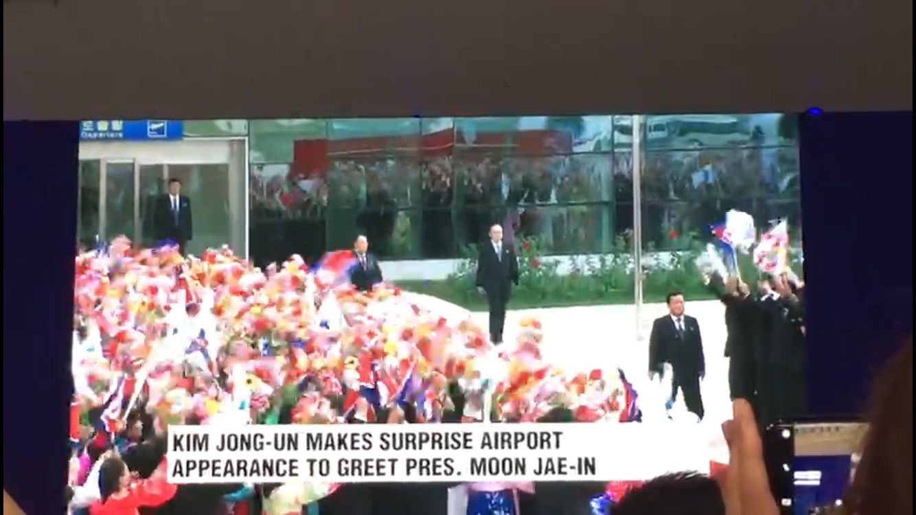朝鲜民众首次举半岛旗欢迎文在寅 金与正现场指挥