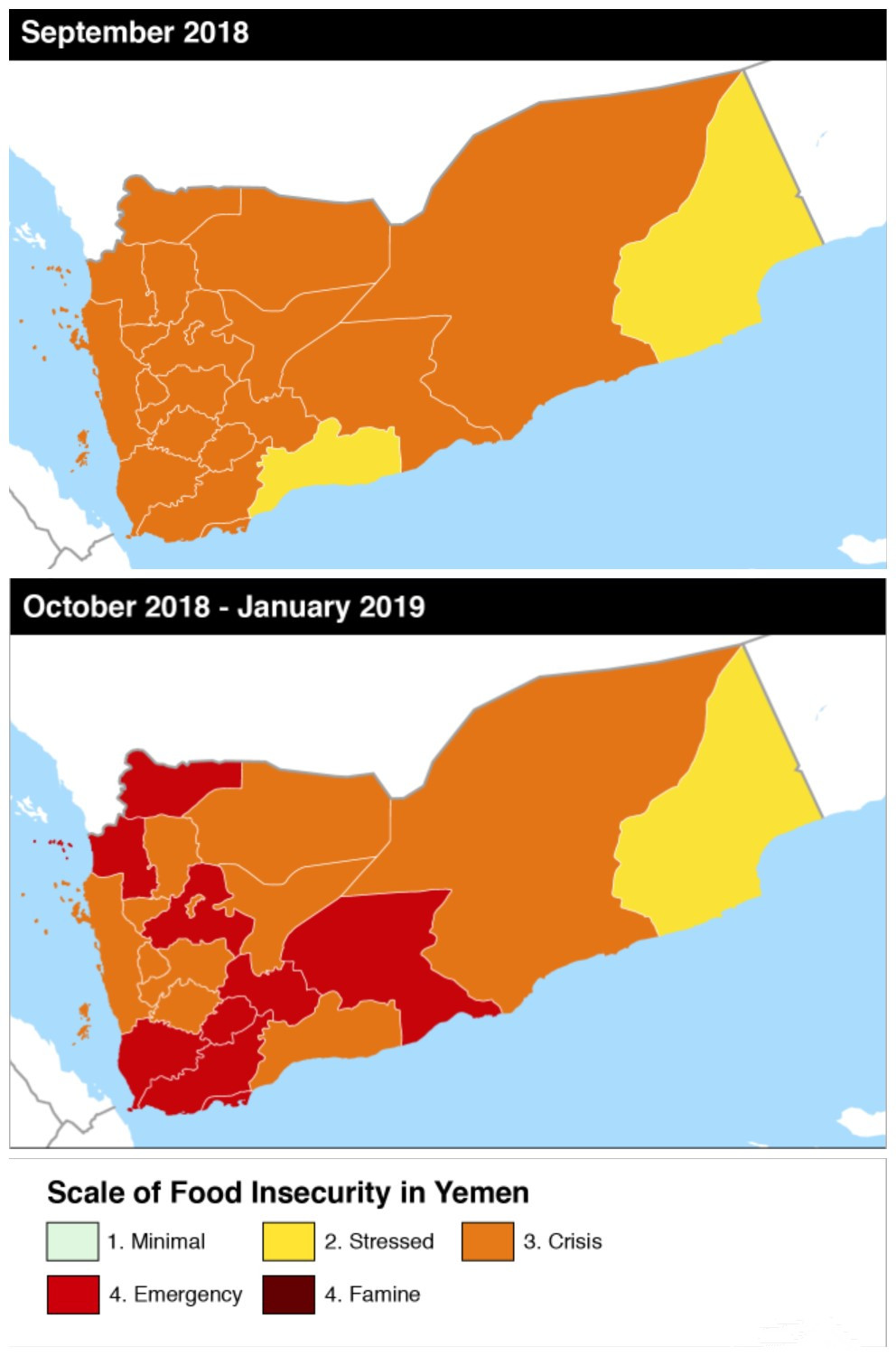 从2018年9月到2018年10月,也门饥荒地图迅速扩大.
