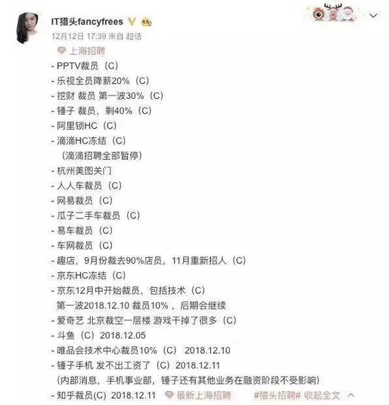 网传不完全裁员信息