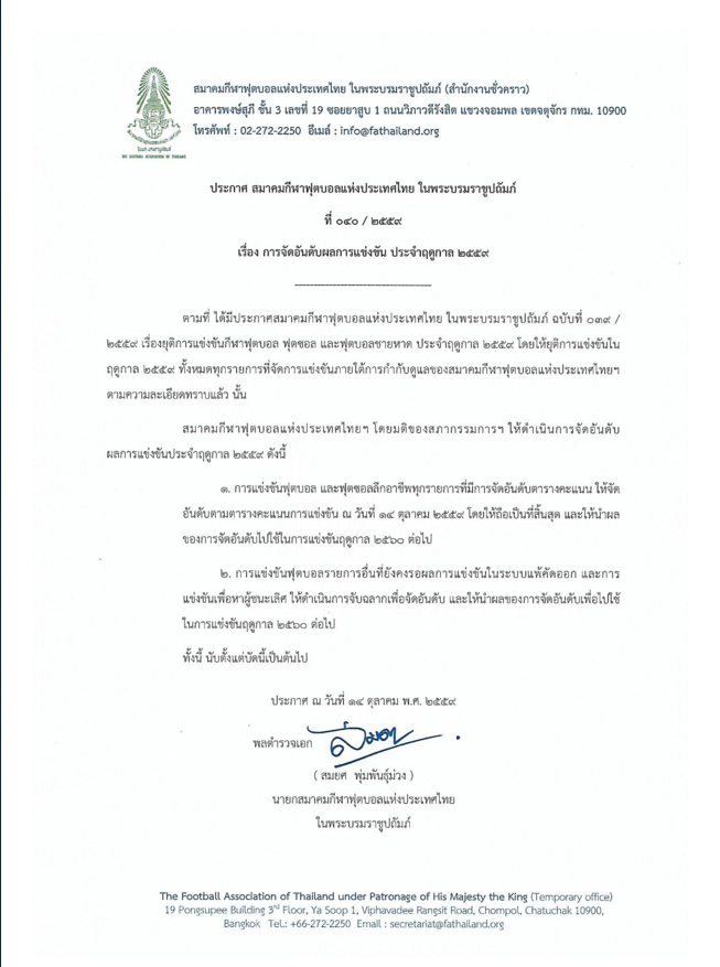 泰国足球联赛因国王去世终止 杯赛冠军将抽签