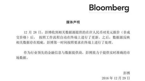 彭博回应人民币“报价乌龙”：数据存瑕疵