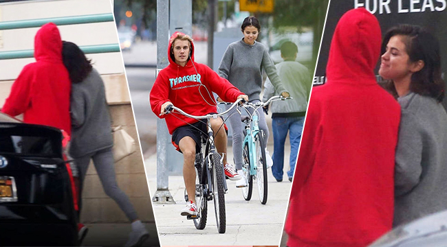 比伯赛琳娜挽手逛街 骑自行车约会好甜蜜！