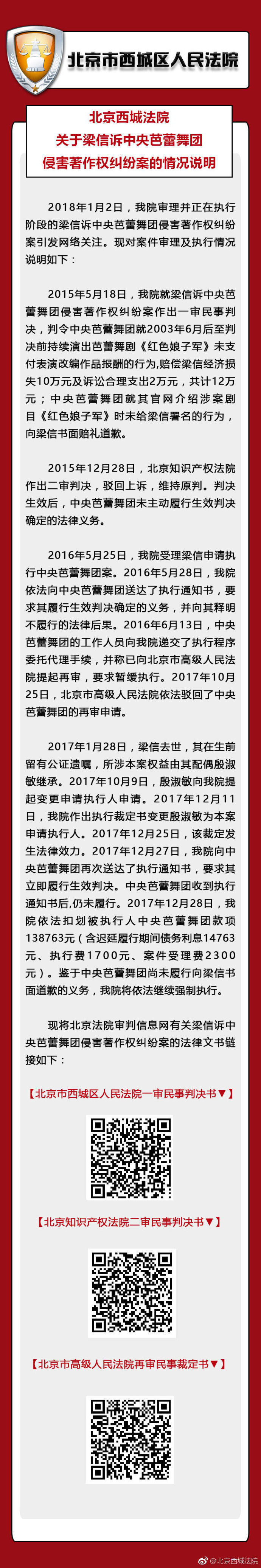 北京西城法院回应“中央芭蕾舞团声明”