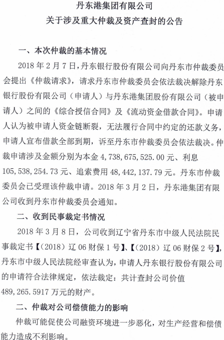 丹东港被法院查封48.9亿财产 半年内4次债券违约
