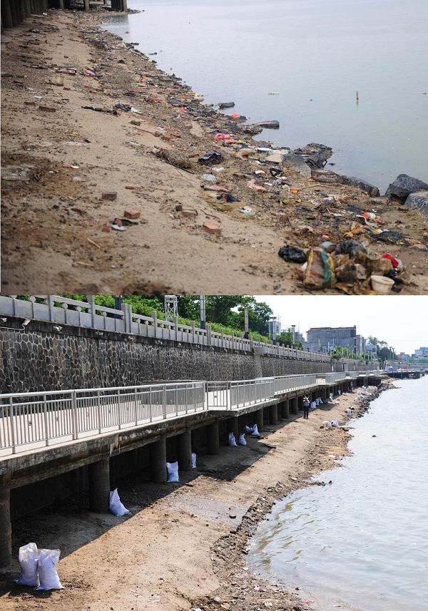 　　南渡江边垃圾清理前后对比。通讯员 王家专 摄
