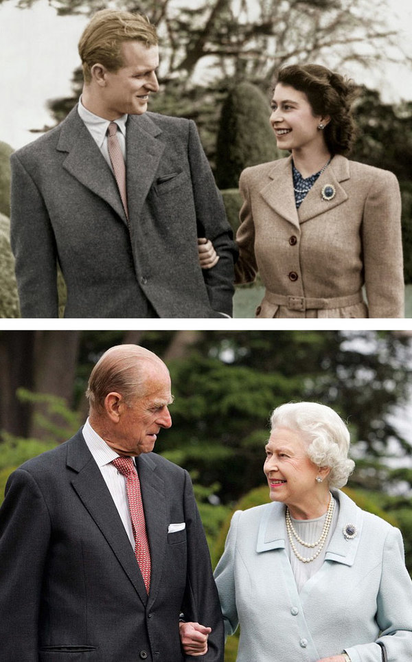 英国女王伊丽莎白二世（Queen Elizabeth）与菲利普亲王（Prince Philip）60年后的笑容与1947年相比似乎没有太大变化（网页截图）