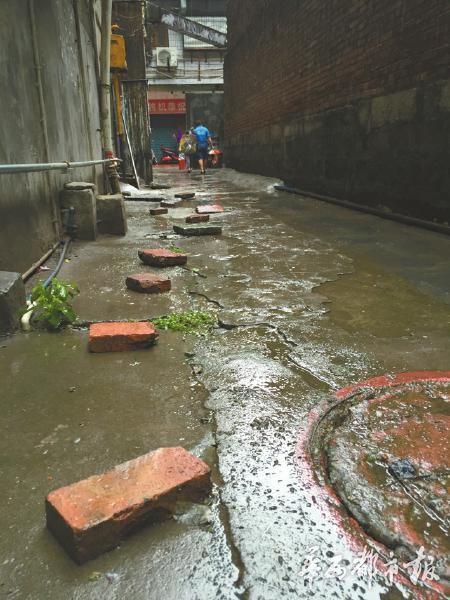 【海底捞排油污堵塞下水道,每逢下雨,居民只好在污水中搭“砖桥”回家。】