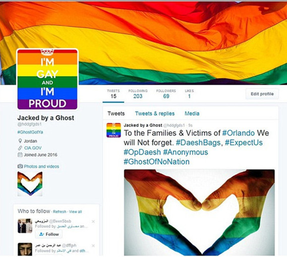 恐怖组织IS推特账户上的资料照片被彩虹旗、同性恋游行标识表记标帜等庖代。（网页截图）