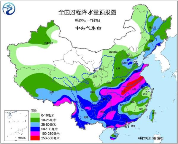 2016年6月30日-7月3日全国过程降水量预报图。  本文图片均为 中国气象局 图