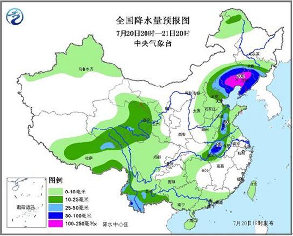 21日，强降雨区转向东北地区。