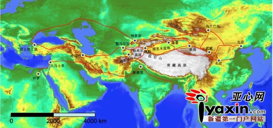亚欧大陆丝绸之路路线示意(巫新华制作)