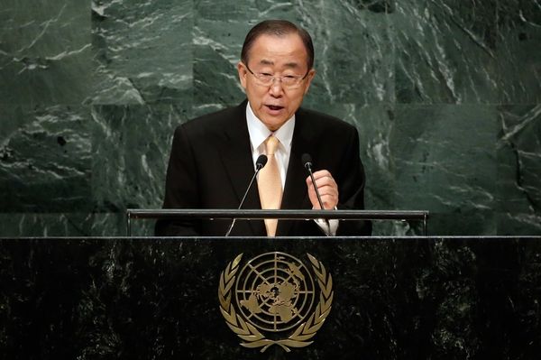 　　9月20日，联合国秘书长潘基文在第71届联合国大会发言。（新华／美联）