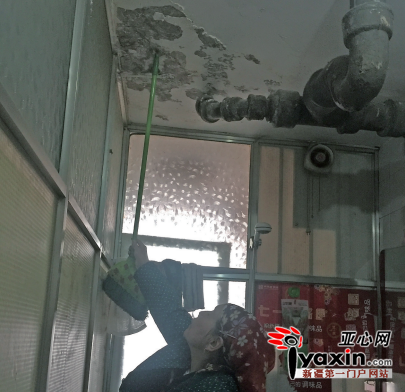 新兴小区5号楼1单元1楼王女士家中卫生间楼顶漏水,墙皮严重脱落。