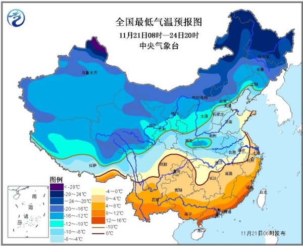 2016年11月21日至24日过程最低气温预报图