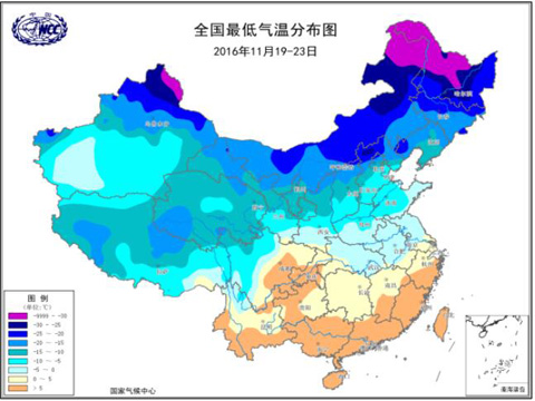 11月19至23日全国最低气温分布