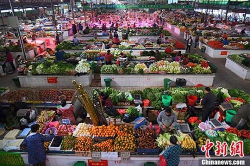 资料图：市民购新鲜蔬菜。 中新社记者 胡雁 摄