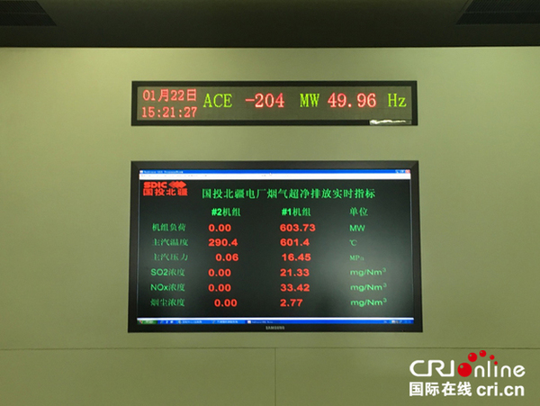 国投北疆电厂控制室显示屏上面的烟气超净排放实时指标 赵春晓摄