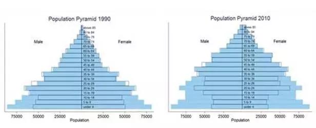 图3:实际和模拟人口金字塔,1990年和2010年