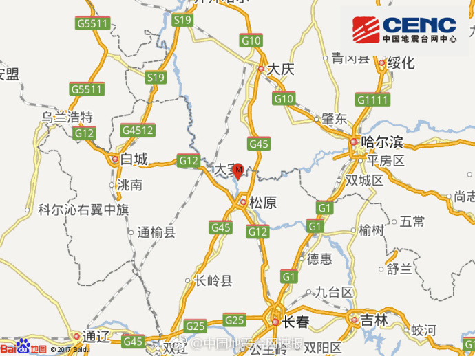 吉林松原市宁江区发生4.5级地震 震源深度7千米