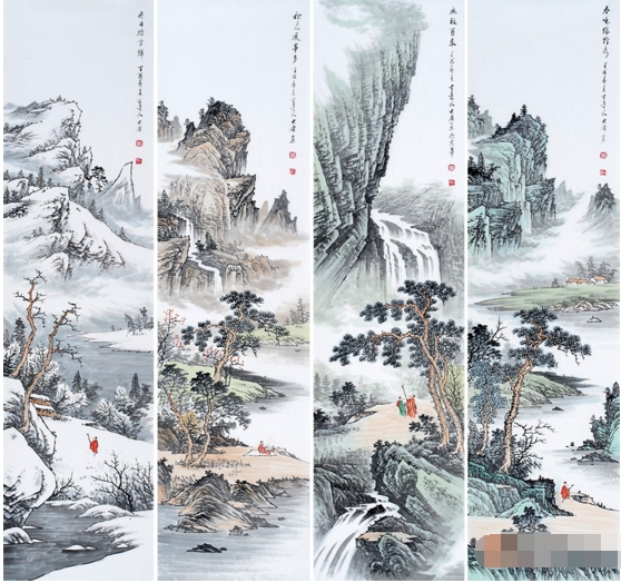 客厅背景墙挂画三, 山水名家薛大庸所作"春夏秋冬"山水四条屏,以中国