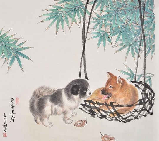 王建辉斗方工笔动物画狗《旺财神威》(作品正在【易从网】展售) 国画狗挂家中寓意: 1.狗十分聪明,能在最短的时间内学会一些动作、技能,所以,人们又用狗来寓意聪慧、健康。 2.“忠诚”是狗最重要的习性之一,自古狗也是忠贞的代名词,所以狗不仅寓意对事业谨慎、忠诚,也象征对爱情忠贞不渝。 3.