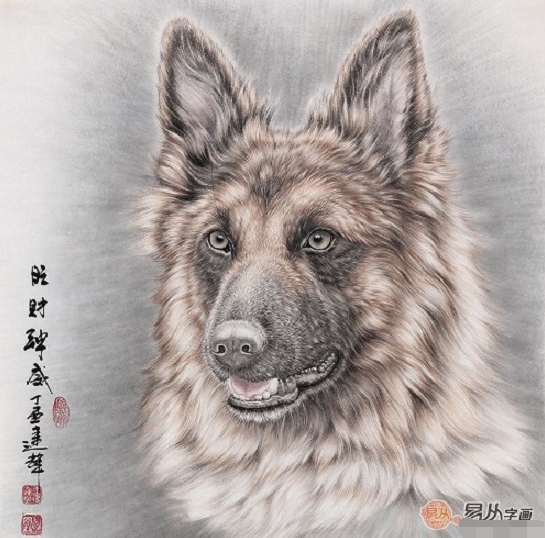 王建辉斗方工笔动物画狗《旺财神威》(作品正在【易从网】展售) 国画狗挂家中寓意: 1.狗十分聪明,能在最短的时间内学会一些动作、技能,所以,人们又用狗来寓意聪慧、健康。 2.“忠诚”是狗最重要的习性之一,自古狗也是忠贞的代名词,所以狗不仅寓意对事业谨慎、忠诚,也象征对爱情忠贞不渝。 3.