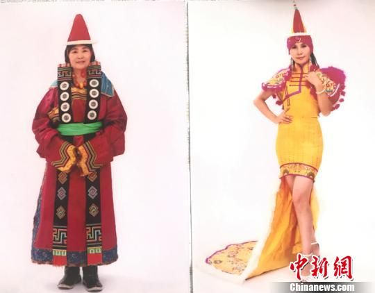 图为娜仁其其格所制传统服饰(左)和创新服饰效果对比。　艾庆龙摄