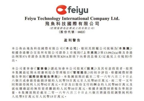 飞鱼科技发布盈利警告 前半年亏损至少7500万