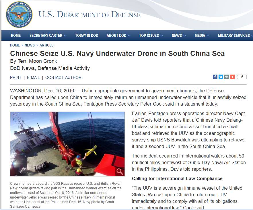 美国被扣无人潜航器背后有个“大计划”