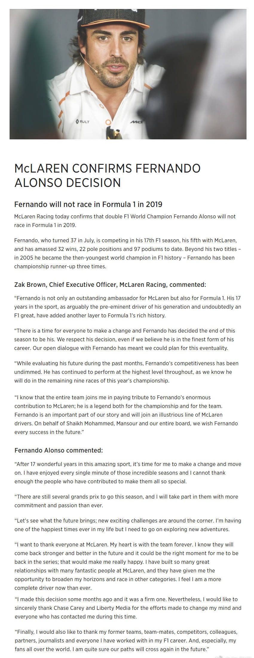 段子手终迎告别 阿隆索将不再参加2019年F1