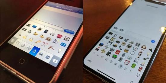 * 2008年苹果的emoji输入法（左）和2018年的emoji输入法（右）