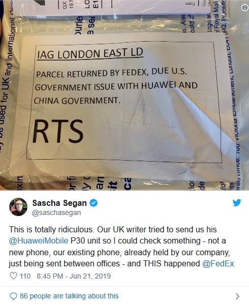 联邦快递拒绝寄送一台从英国发往美国的华为手机