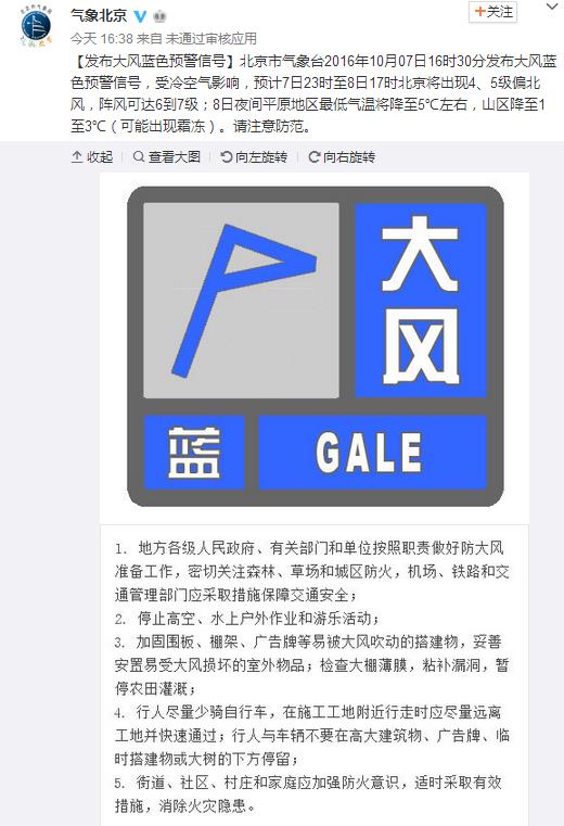 人民网北京10月7日电 北京市气象台7日16时30分发布大风蓝色预警信号