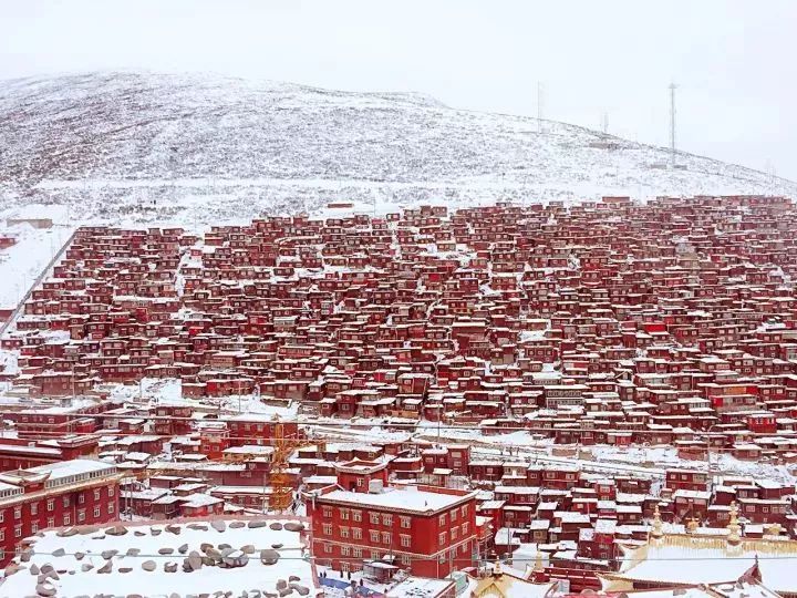 雪后的色达,最壮观的便是这天地苍茫间,如烈火般的房屋和修行的人.